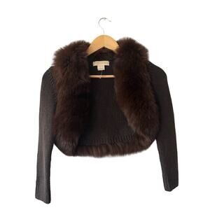 Michael Kors Brown Cropped Cashmere Knit Shrug with Fox Fur Collar Size XS